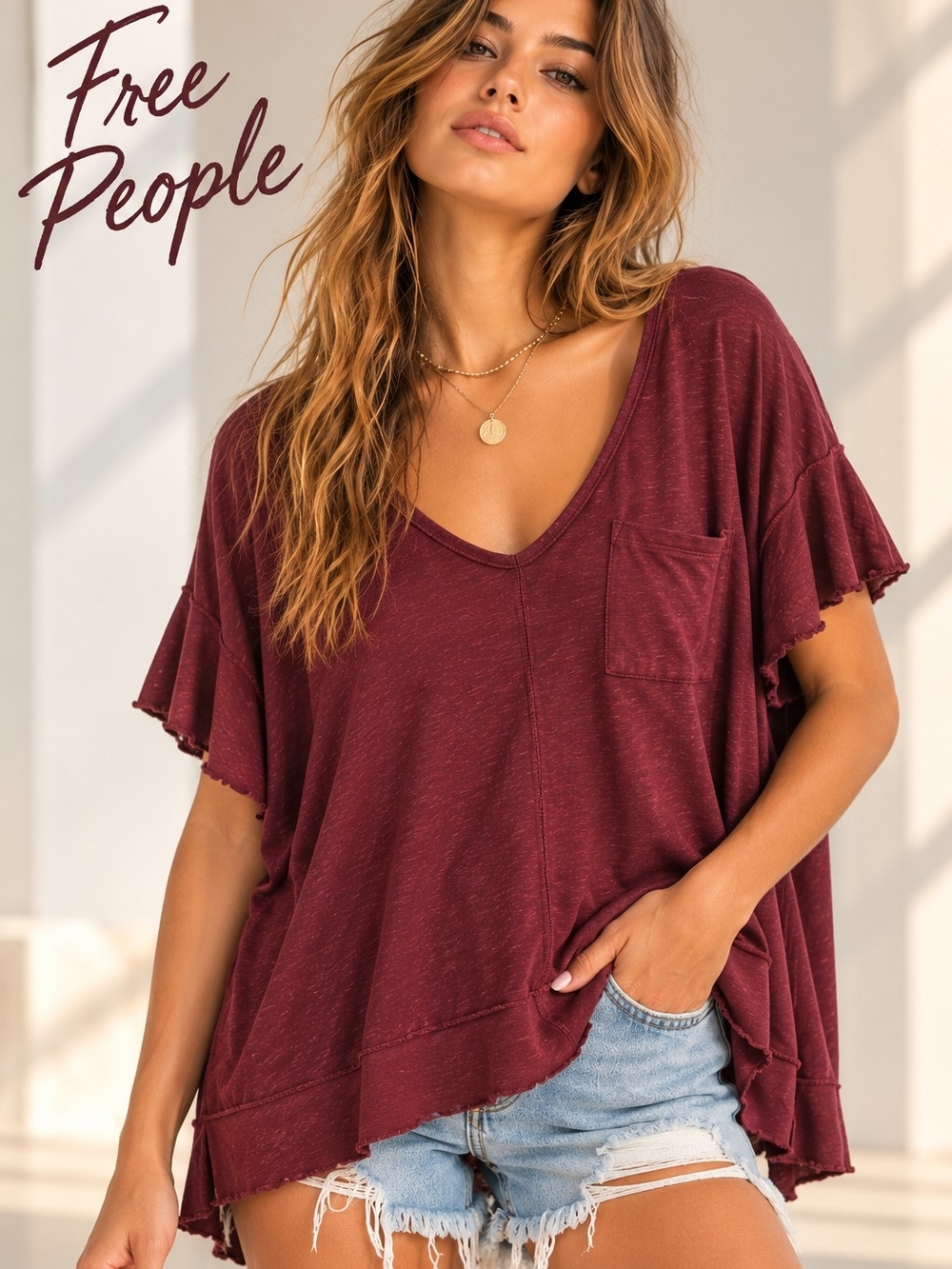 Free People Teal Blue Oversized Open Back Slouchy Pocket Top S